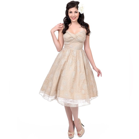 NWT STOP STARING! ‘Darla’ Pin-up Style Taupe Embroidered Lace Swing Dress XS - Picture 5 of 9